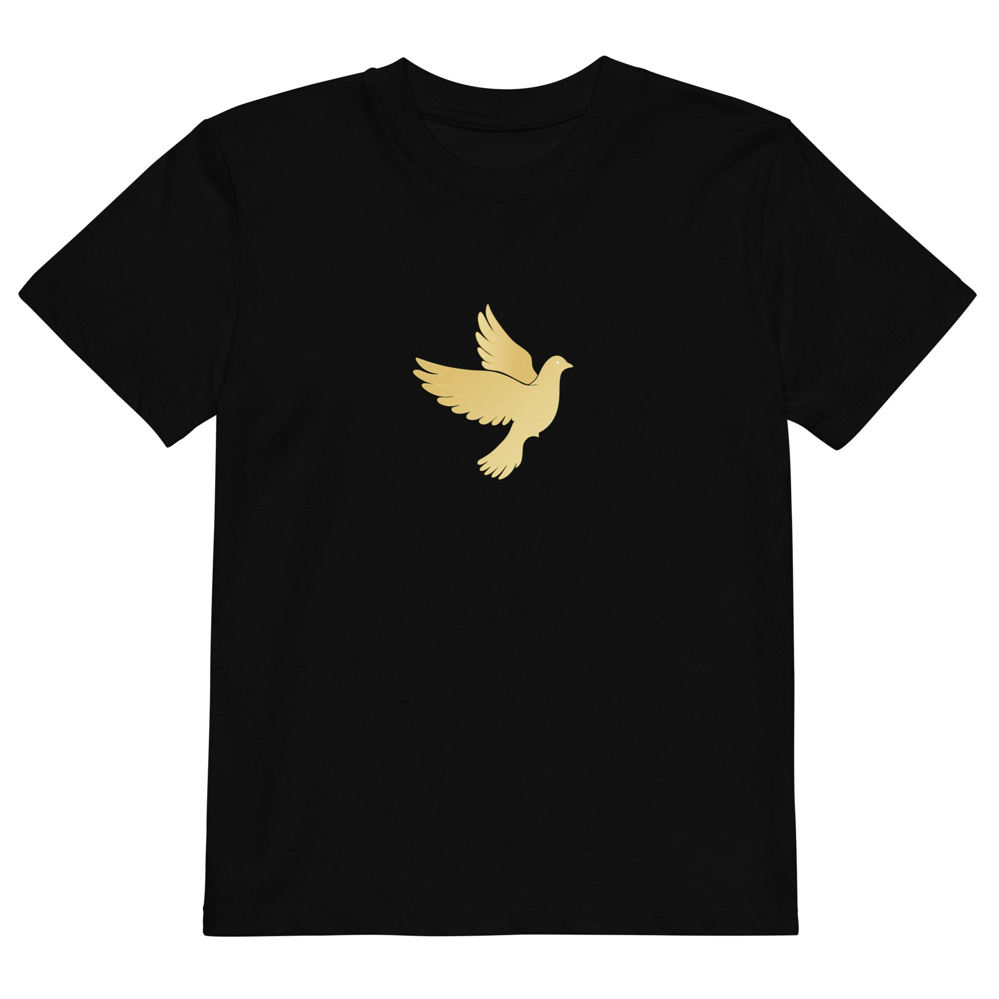 Black t-shirt with a gold dove design on a white background