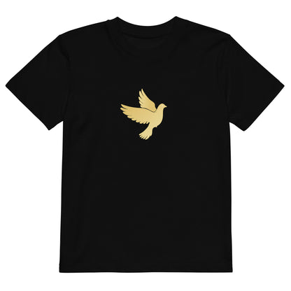 Black t-shirt with a gold dove design on a white background