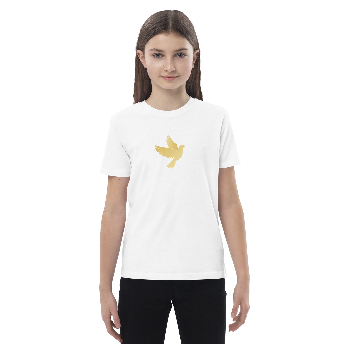 Person wearing a white t-shirt with a yellow bird design on a white background