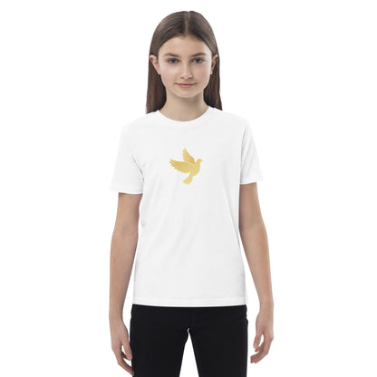 Person wearing a white t-shirt with a yellow bird design on a white background