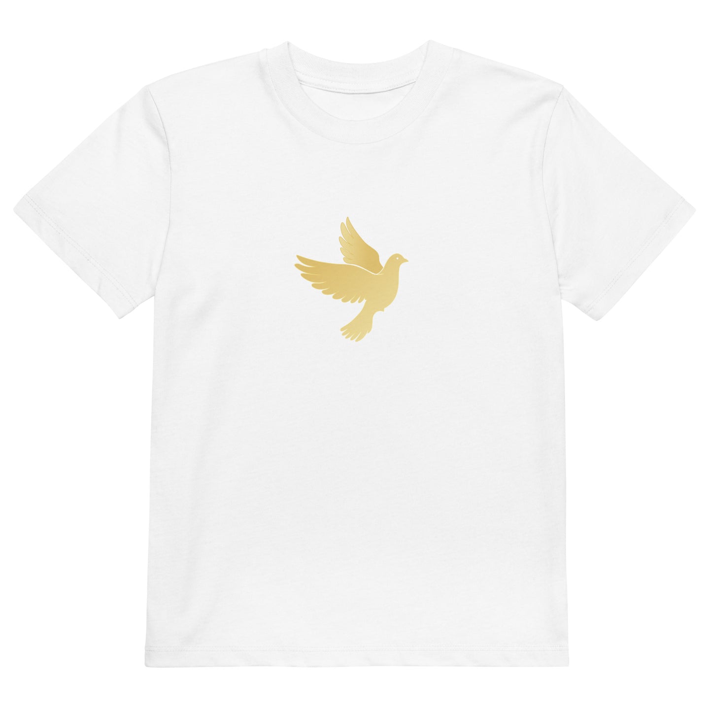White t-shirt with a gold dove design on a white background