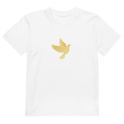 White t-shirt with a gold dove design on a white background