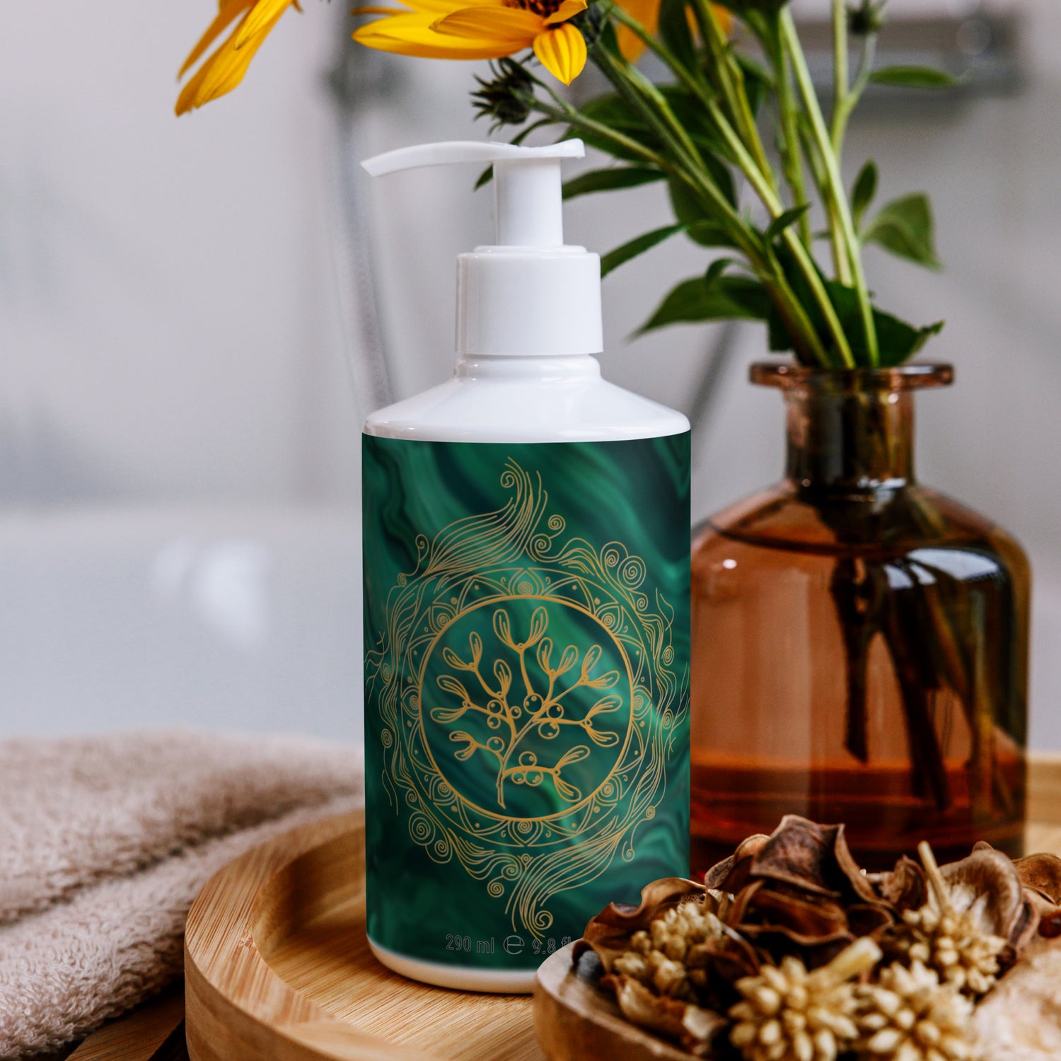 Detailed packaging of luxury body milk with a golden mandala on a dark green background.