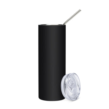 Black insulated tumbler with a straw on a white background