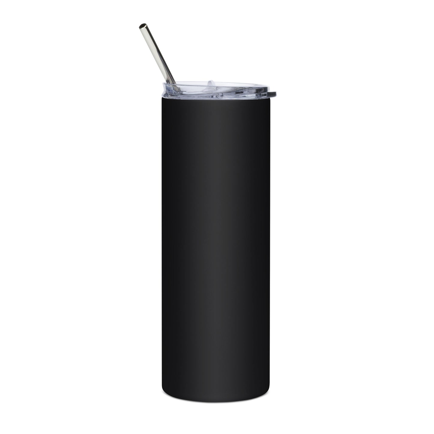 Black tumbler with a straw on a white background