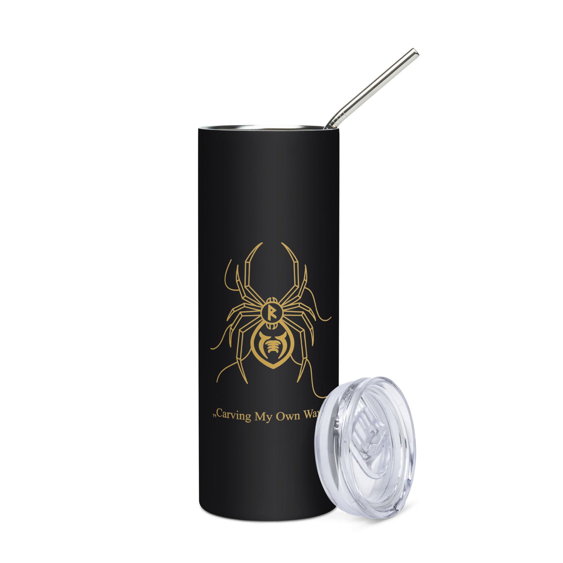 Black tumbler with spider design and text on a white background