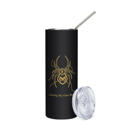 Black tumbler with spider design and text on a white background