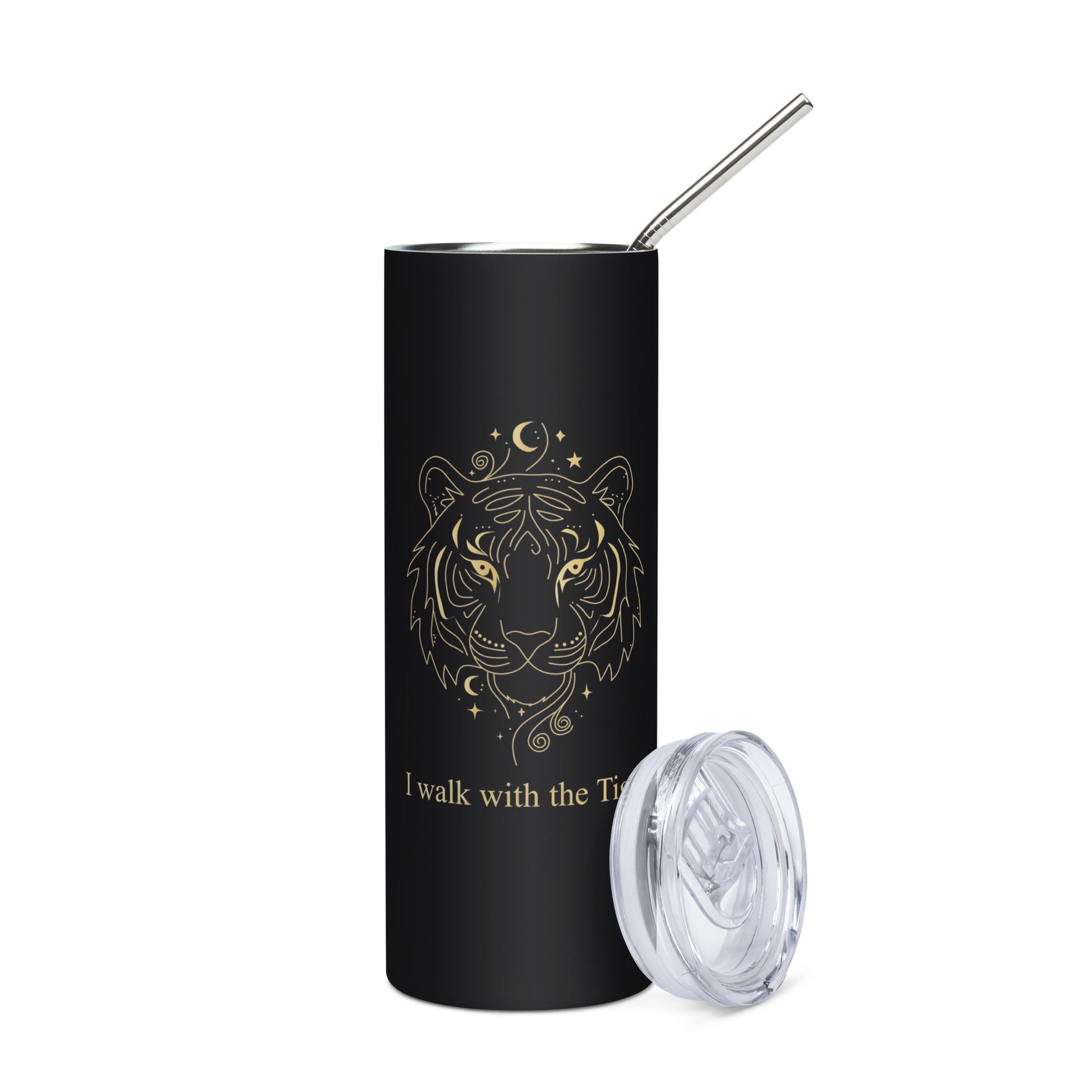 Black tumbler with gold tiger design and 'I walk with the Tiger' text on a white background