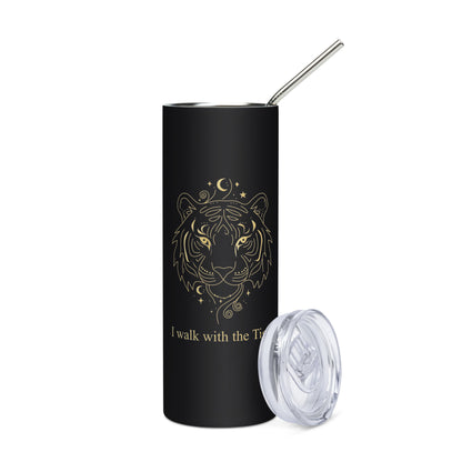 Black tumbler with gold tiger design and 'I walk with the Tiger' text on a white background