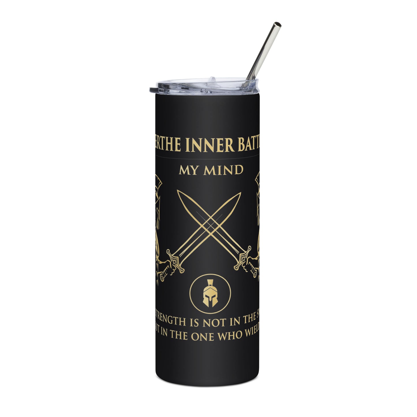 Black tumbler with gold text and design on a white background