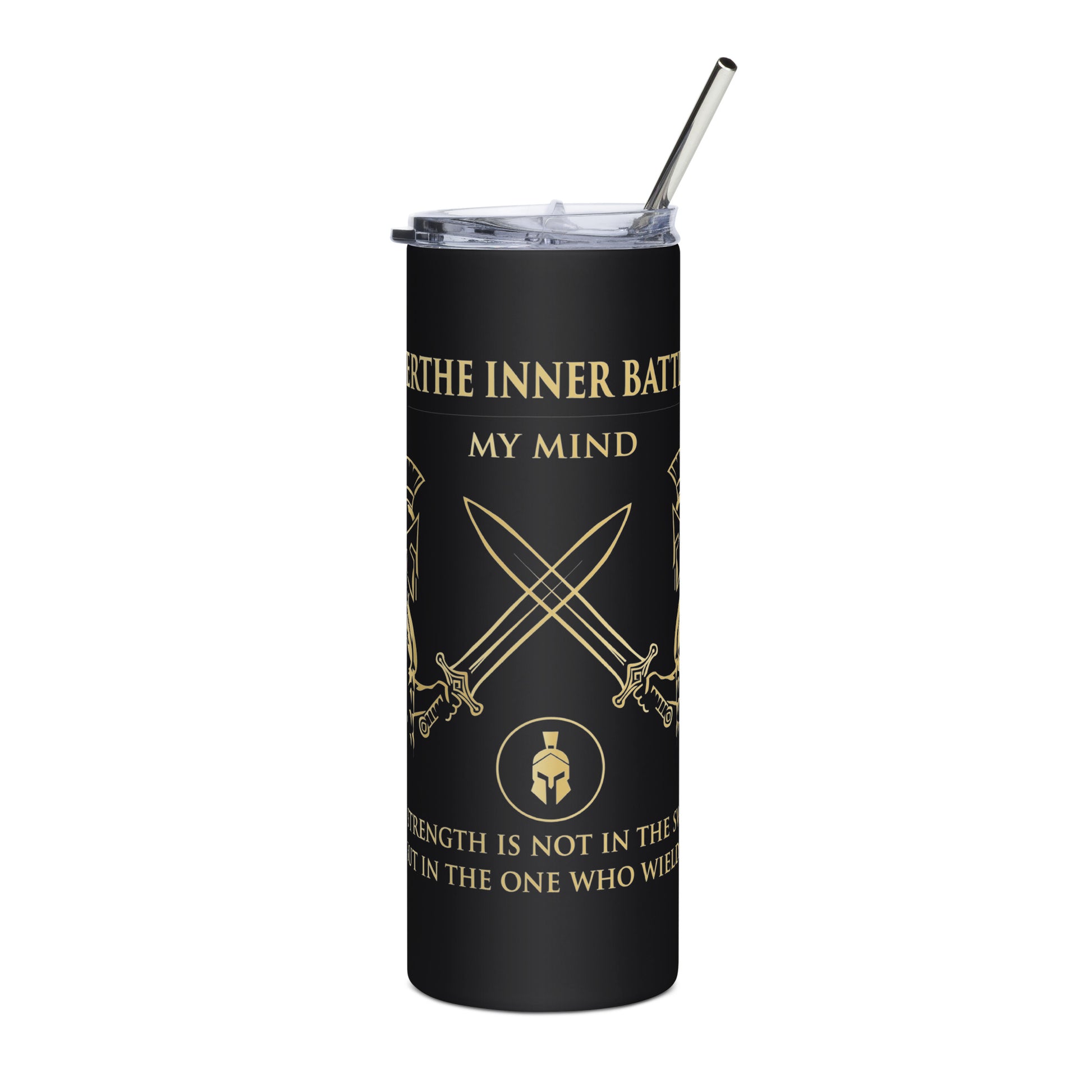 Black tumbler with gold text and design on a white background