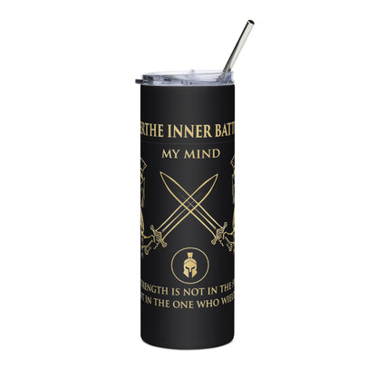 Black tumbler with gold text and design on a white background