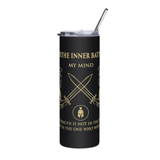 Black tumbler with gold text and design on a white background