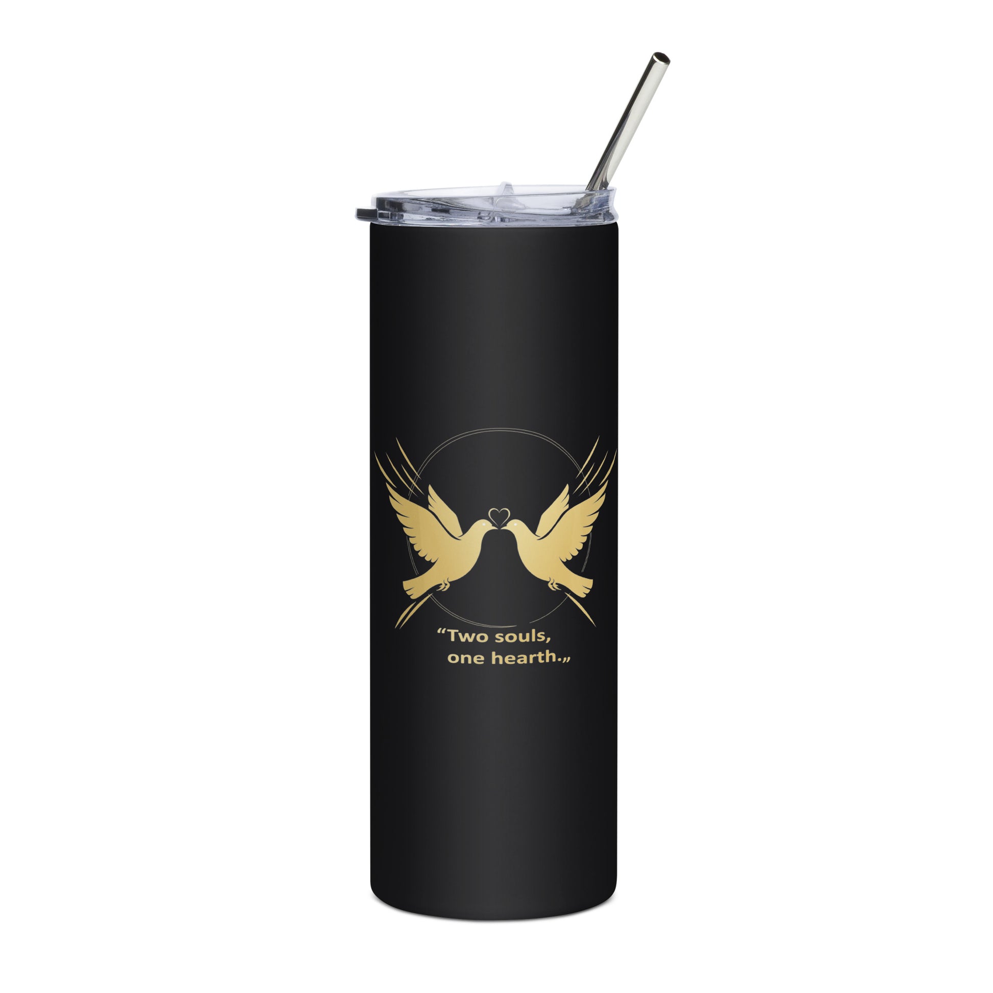 Black tumbler with gold birds design and 'Two souls, one heart' text on a white background