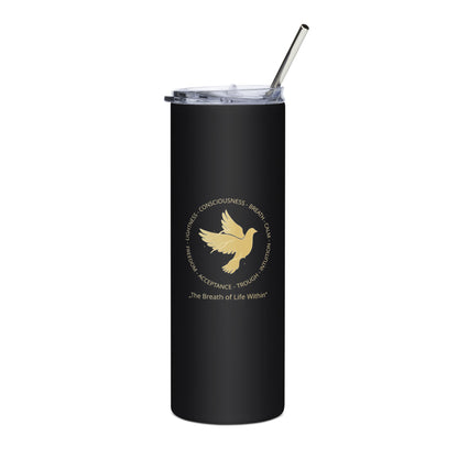 Black tumbler with a gold dove design and text on a white background