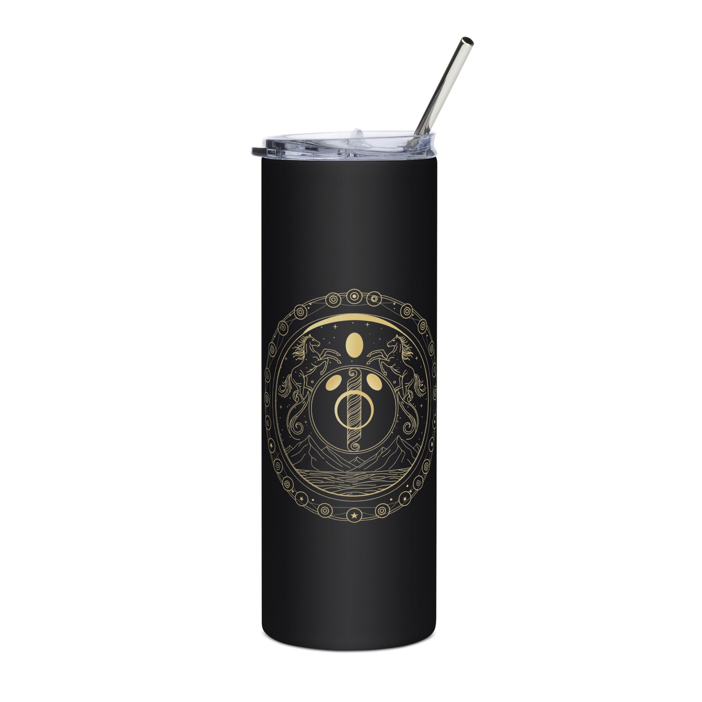Black tumbler with a gold emblem on a white background