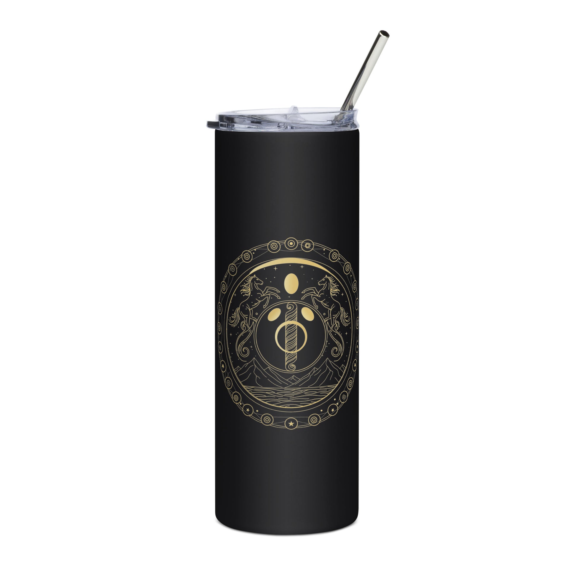 Black tumbler with a gold emblem on a white background