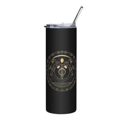 Black tumbler with a gold emblem on a white background