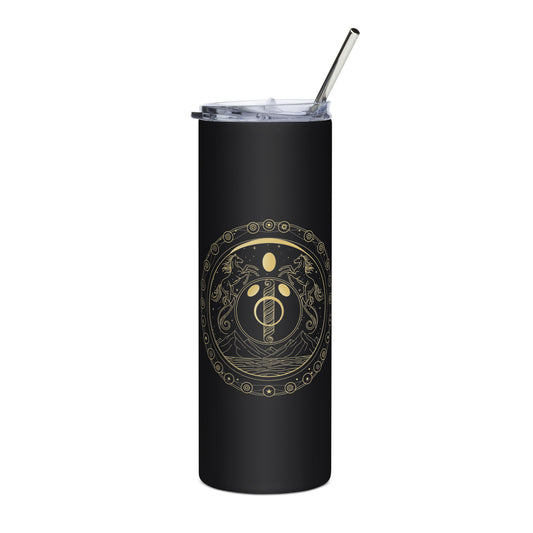Black tumbler with a gold emblem on a white background