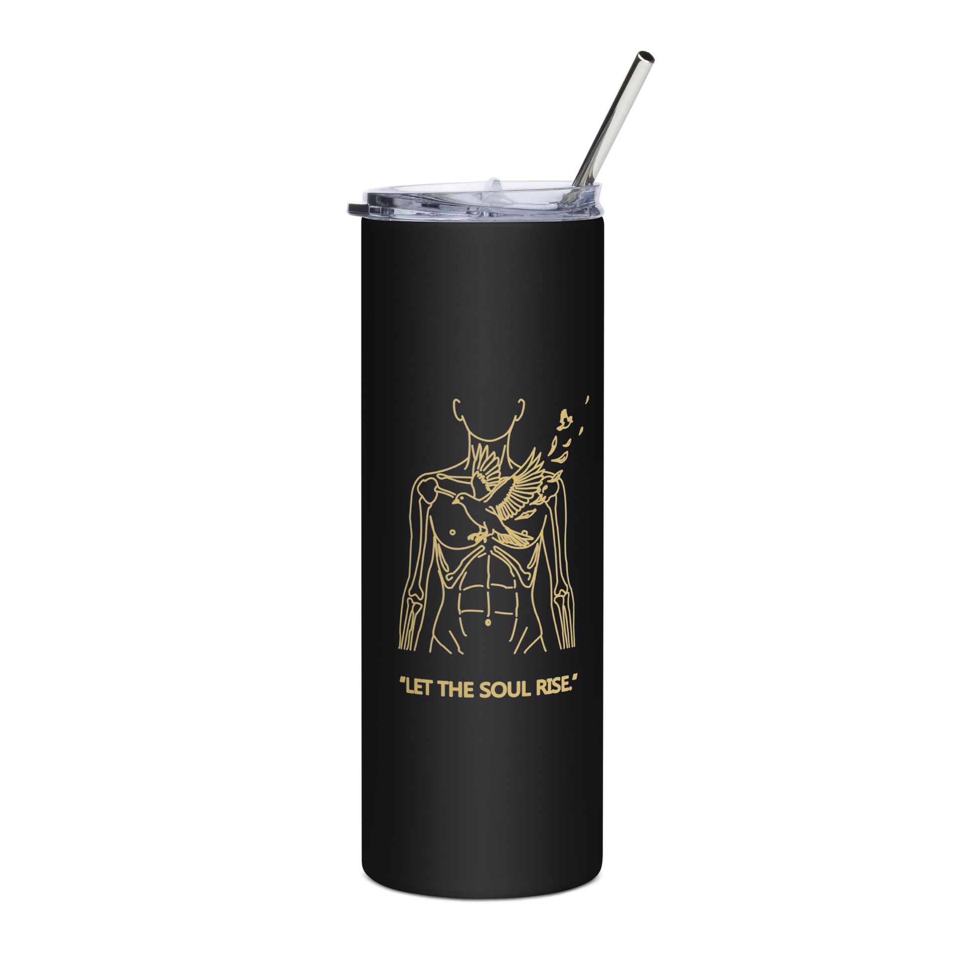 Black tumbler with gold design and text on a white background