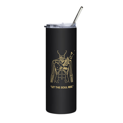 Black tumbler with gold design and text on a white background