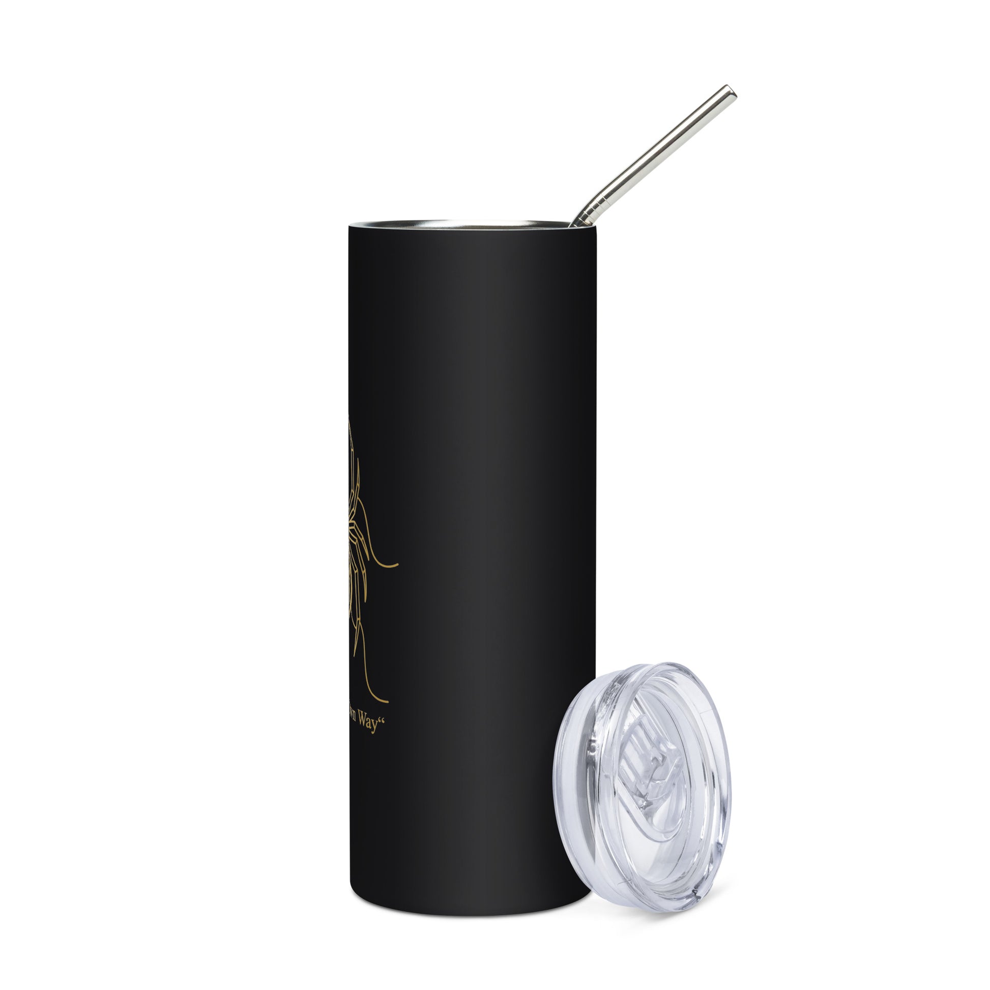 Black tumbler with a straw and lid on a white background
