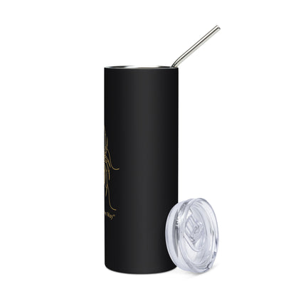Black tumbler with a straw and lid on a white background