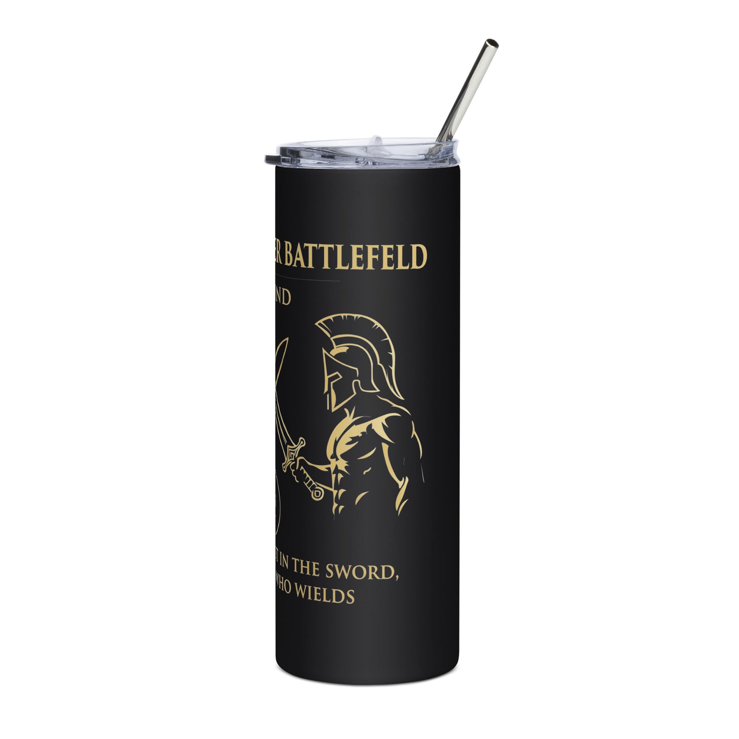Black tumbler with gold warrior design and text on a white background