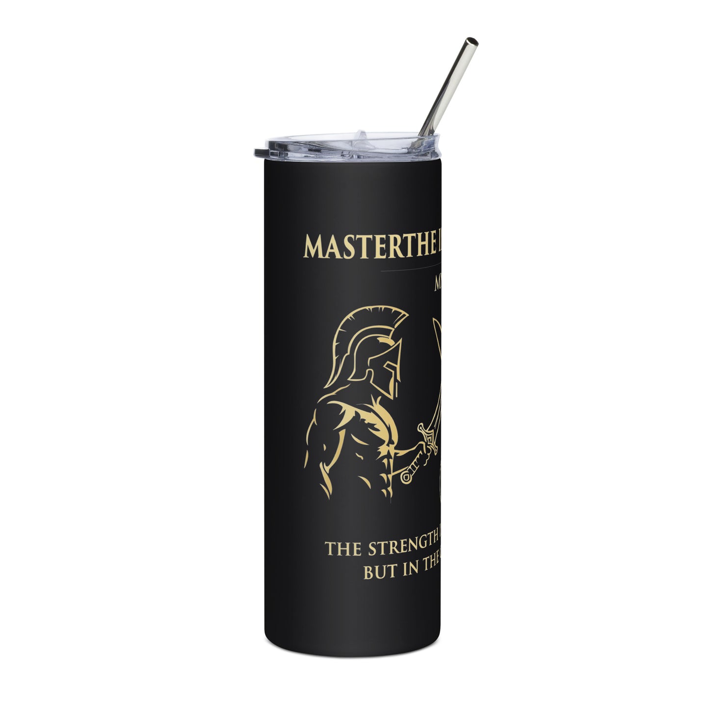 Black tumbler with gold Spartan helmet design and text on a white background