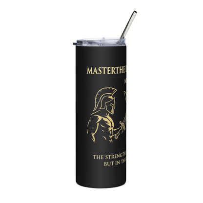 Black tumbler with gold Spartan helmet design and text on a white background