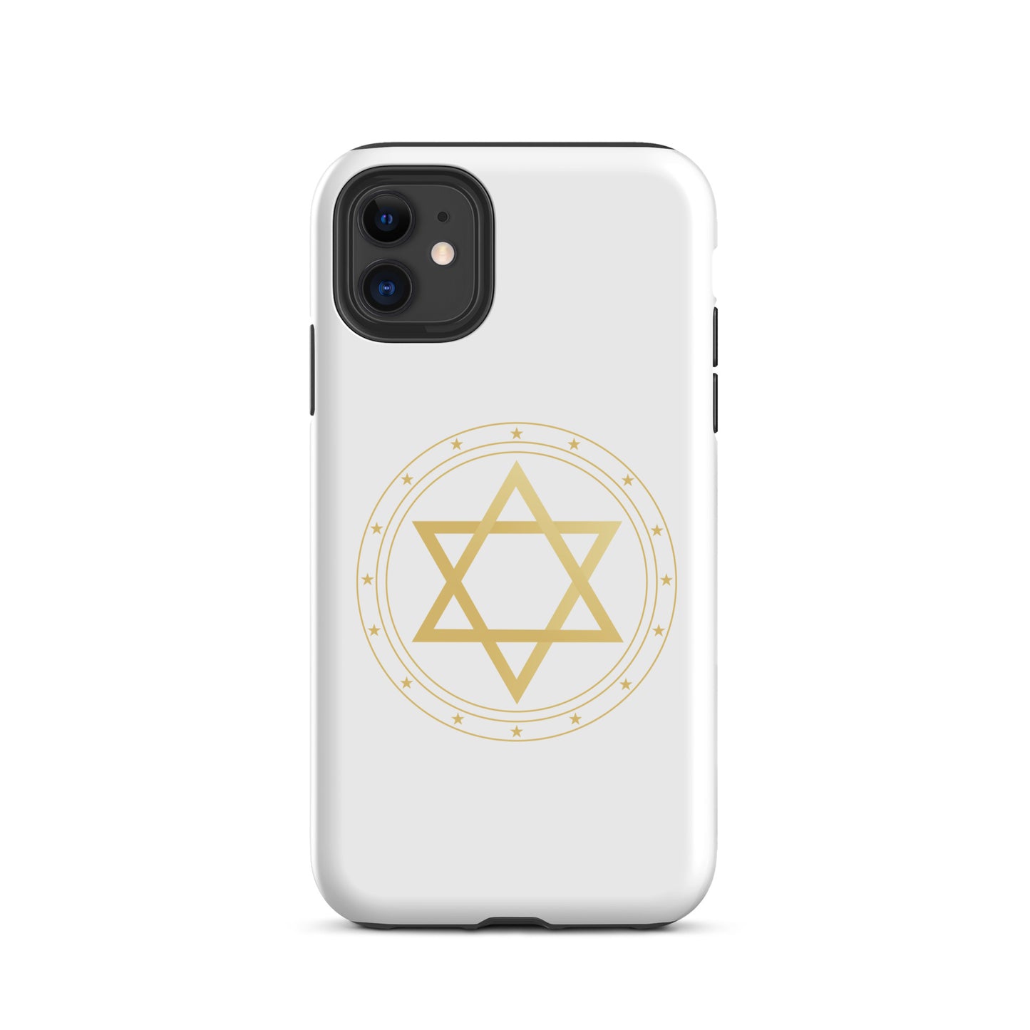 Gold geometric sacred geometry symbol on a premium phone case, minimalist spiritual protection design by Origin.