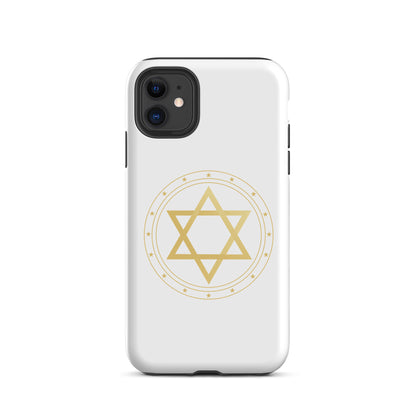 Gold geometric sacred geometry symbol on a premium phone case, minimalist spiritual protection design by Origin.