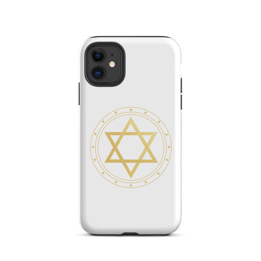 Gold geometric sacred geometry symbol on a premium phone case, minimalist spiritual protection design by Origin.