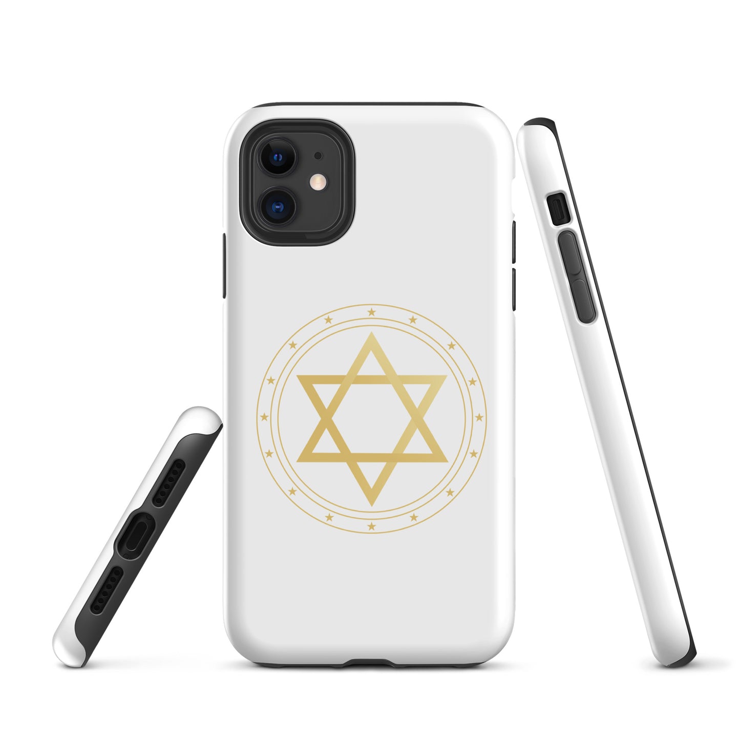 Gold geometric sacred geometry symbol on a premium phone case, minimalist spiritual protection design by Origin.