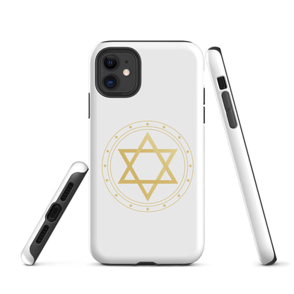 Gold geometric sacred geometry symbol on a premium phone case, minimalist spiritual protection design by Origin.