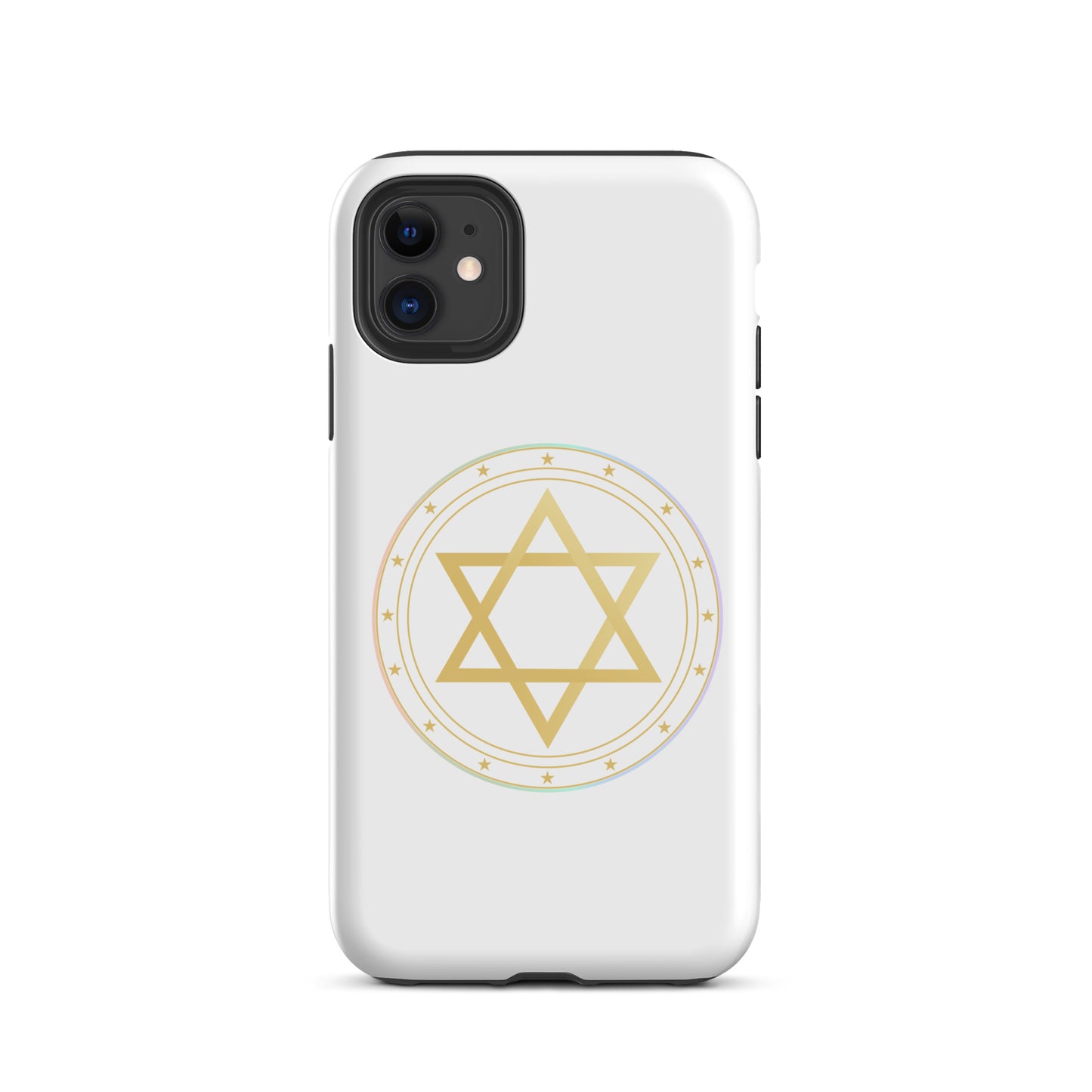 Gold sacred geometry phone case featuring 5 elements symbols: Earth, Fire, Water Air, and Aether. Spiritual protection and intuition catalyst design.