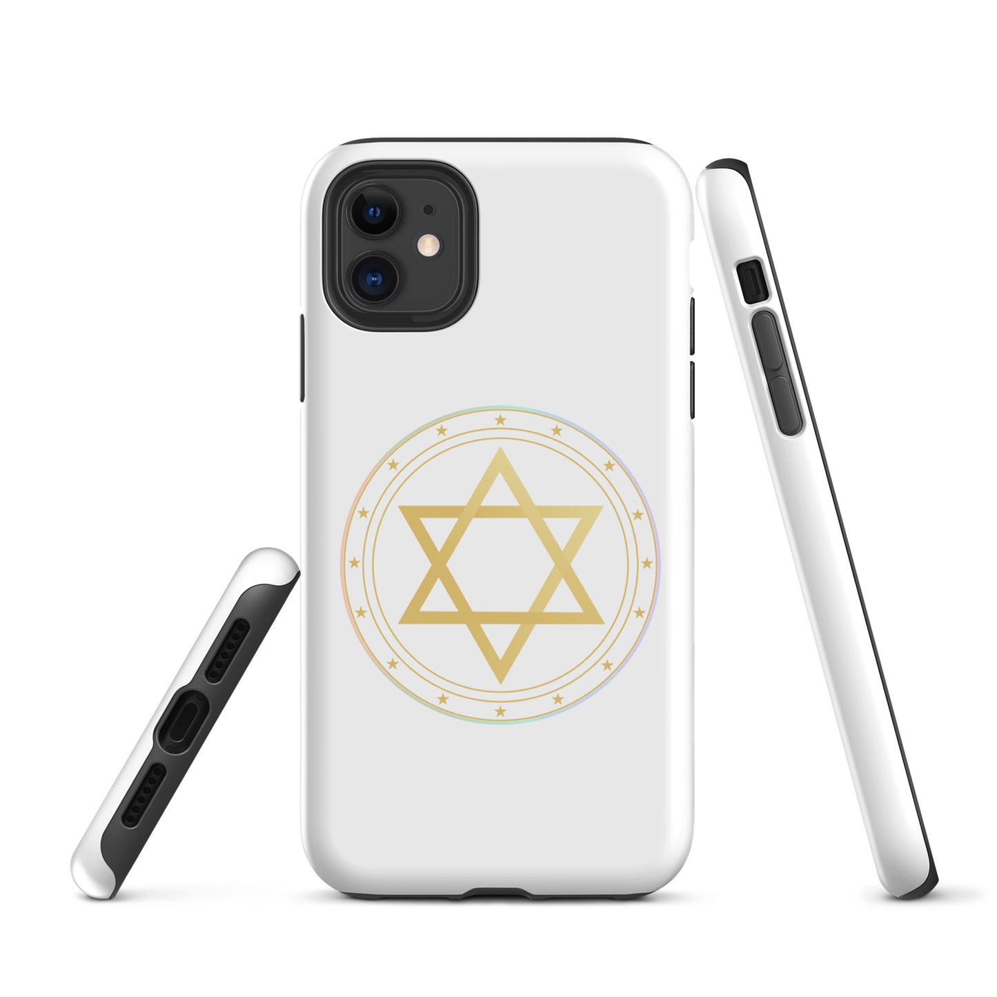 Gold sacred geometry phone case featuring 5 elements symbols: Earth, Fire, Water Air, and Aether. Spiritual protection and intuition catalyst design.