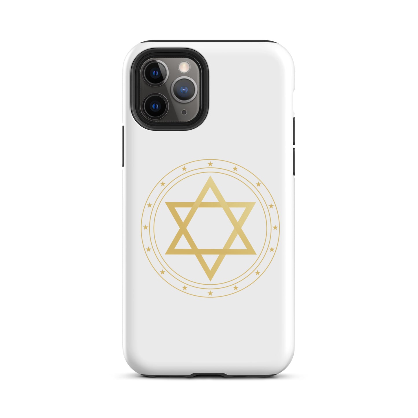 Gold geometric sacred geometry symbol on a premium phone case, minimalist spiritual protection design by Origin.