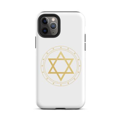 Gold geometric sacred geometry symbol on a premium phone case, minimalist spiritual protection design by Origin.