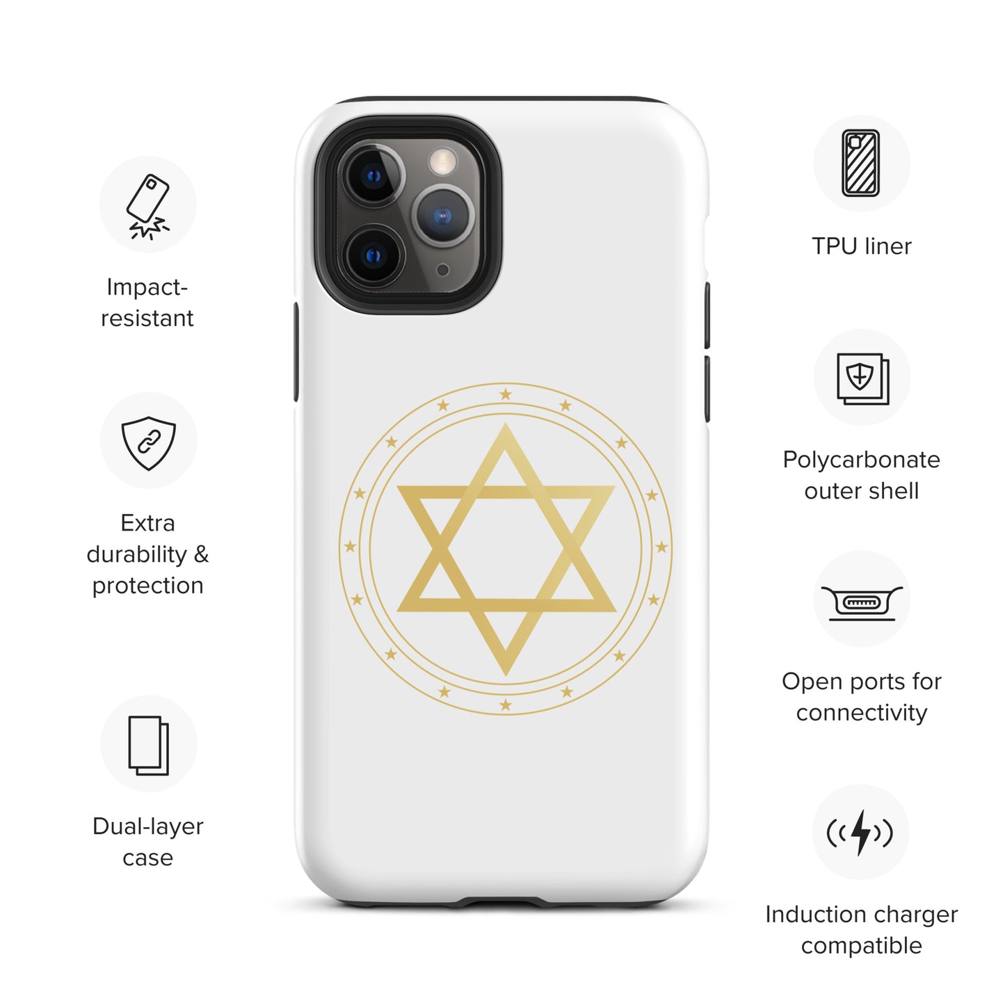 Gold geometric sacred geometry symbol on a premium phone case, minimalist spiritual protection design by Origin.