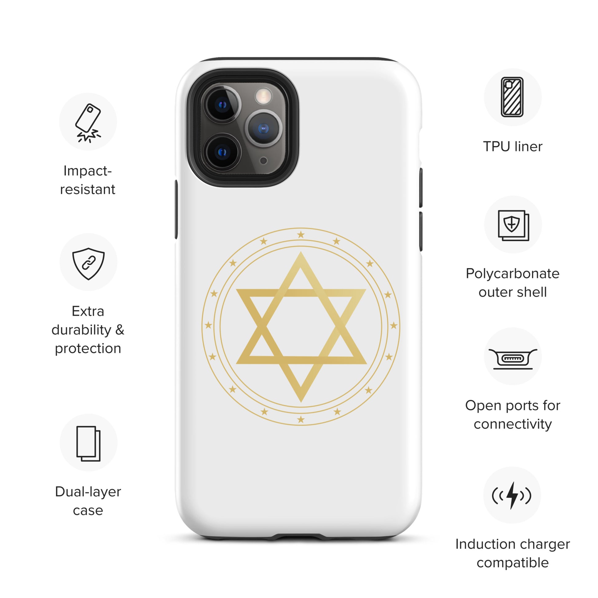 Gold geometric sacred geometry symbol on a premium phone case, minimalist spiritual protection design by Origin.