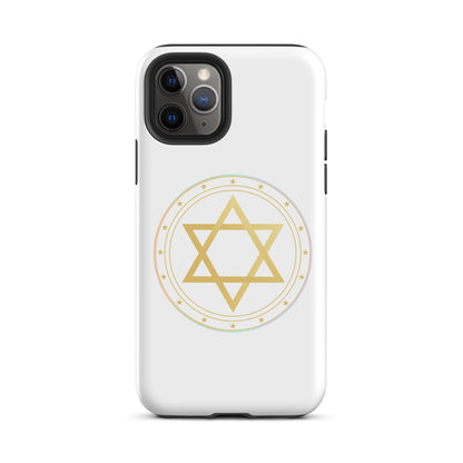 Gold sacred geometry phone case featuring 5 elements symbols: Earth, Fire, Water Air, and Aether. Spiritual protection and intuition catalyst design.