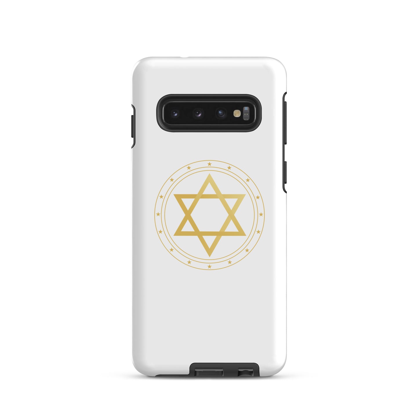 Gold geometric sacred geometry symbol on a premium phone case, minimalist spiritual protection design by Origin.