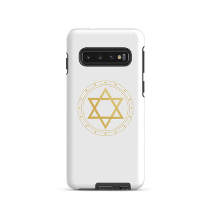 Gold geometric sacred geometry symbol on a premium phone case, minimalist spiritual protection design by Origin.