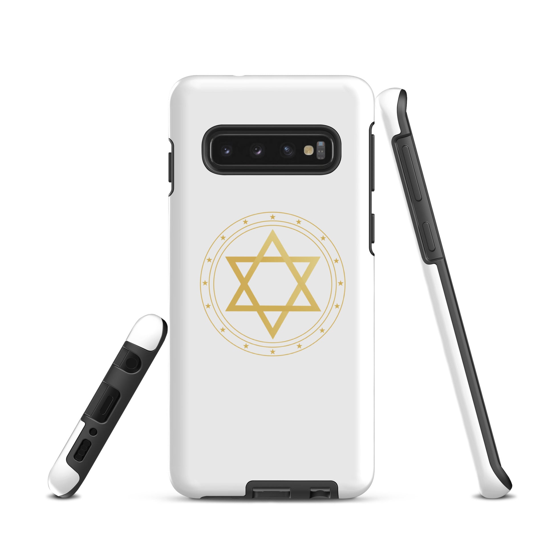 Gold geometric sacred geometry symbol on a premium phone case, minimalist spiritual protection design by Origin.
