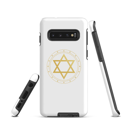 Gold geometric sacred geometry symbol on a premium phone case, minimalist spiritual protection design by Origin.