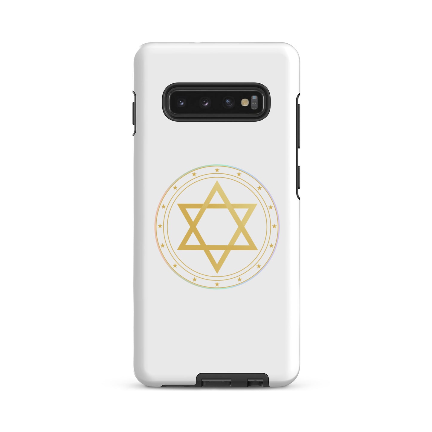 White phone case with Gold sacred geometry phone case featuring 5 elements symbols: Earth, Fire, Water Air, and ether. Spiritual protection and intuition catalyst design.