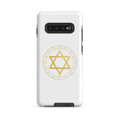 White phone case with Gold sacred geometry phone case featuring 5 elements symbols: Earth, Fire, Water Air, and ether. Spiritual protection and intuition catalyst design.