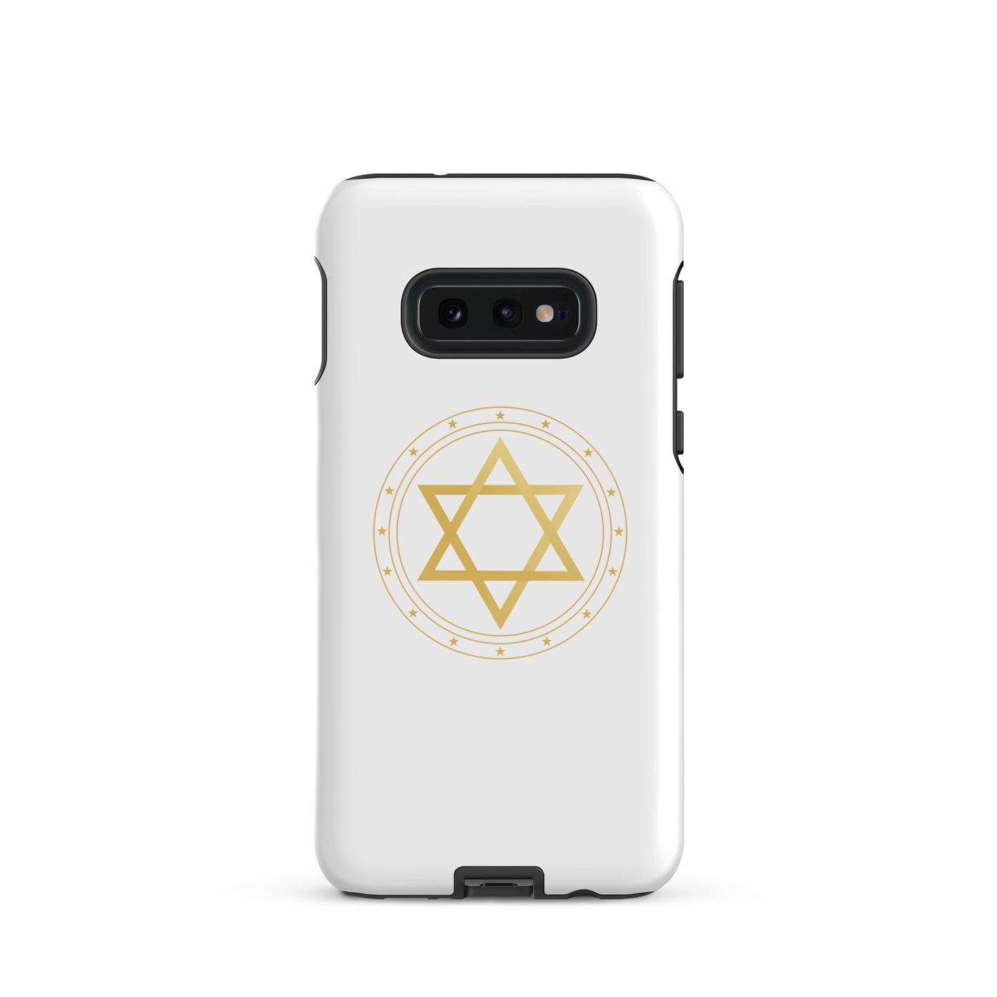 Gold geometric sacred geometry symbol on a premium phone case, minimalist spiritual protection design by Origin. on a white background