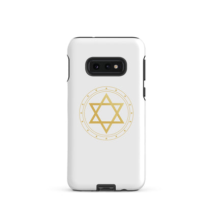 Gold geometric sacred geometry symbol on a premium phone case, minimalist spiritual protection design by Origin. on a white background